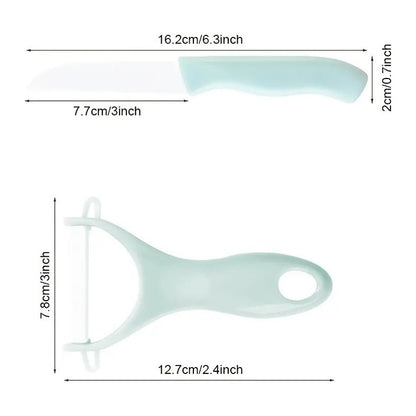 Set Cuchillo + Pelador De Cerámica De Frutas Verdura + Tabla