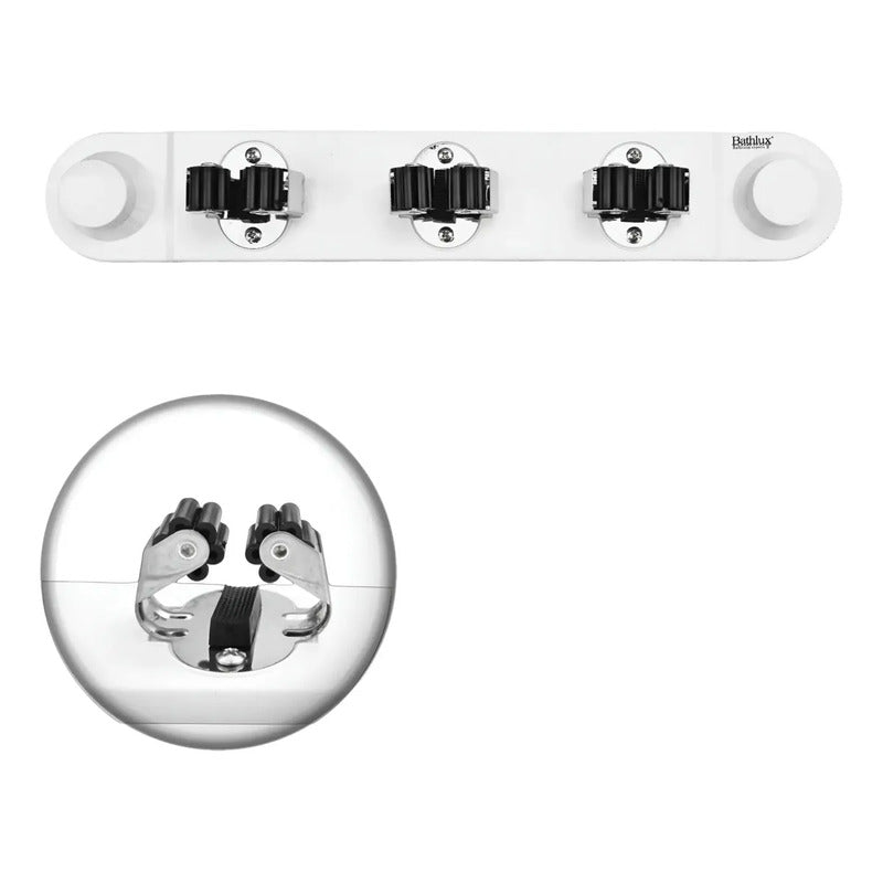 Organizador De Pared 3 Escoba Mopa Trapero Ventosa Fuerte Blanco