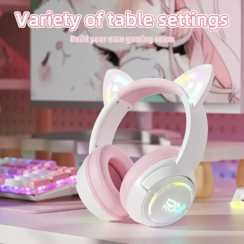 Audifono Gamer Onikuma Cat Gt838 3modos Bluetooth Usb C Gato Blanco Rosa Gt838
