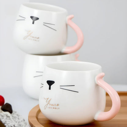 Set Tetera De Gatito De Porcelana + 4 Tazas + Bandeja Bambu