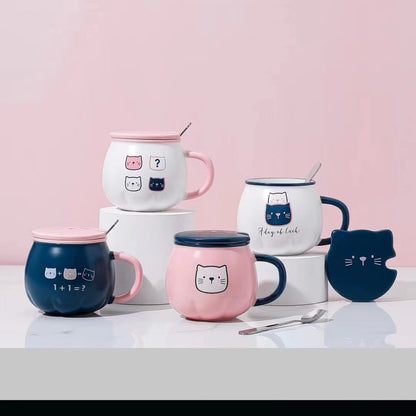 X4 Taza Calabaza Diseño Gato Kawaii Con Tapa Y Cuchara Mk134 Rosa, Azul Marino Y Blanco Calabaza