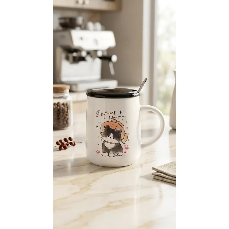 Tazón Cerámica Gatito Lindo Con Tapa Y Cuchara Kawaii Cute Blanco Mk-212 A