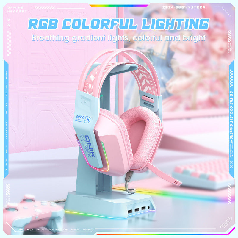 Auriculares Para Juegos Onikumax13 Con Micrófono Y Rgb Color Rosa