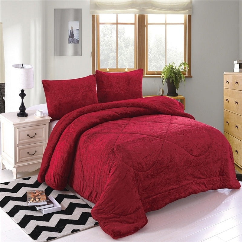 Cobertor Plush 2p Plumón Cubrecama Chiporro + Funda Invierno Rojo Mod1 Corazones Liso