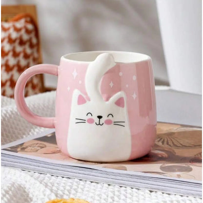 Tazón De Cerámica Gato Kawaii Con Cola 400ml Taza Cat Lovers Rosa Mk-223 C