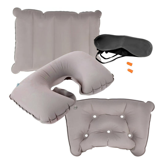 Kit De Viaje Inflable Cojín Cuello Lumbar Asiento + Antifaz Color Beige Diseño De La Tela Aterciopelado