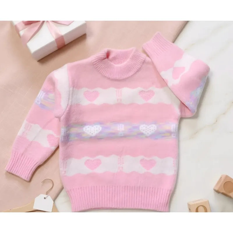 Sweater De Niña Tejido Cuello Alto Suéter Caliente Polerón Rosa 211 Corazones 120