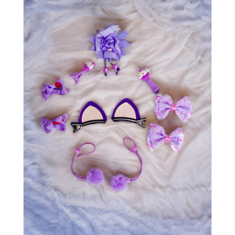 Estuche D Pinches Y Colet Bebé Niñas 11pcs Gancho Oreja Gato