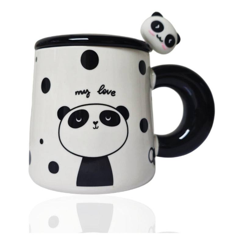Tazón Oso Panda Taza Kawaii Con Tapa Y Cuchara 400ml / Ryc