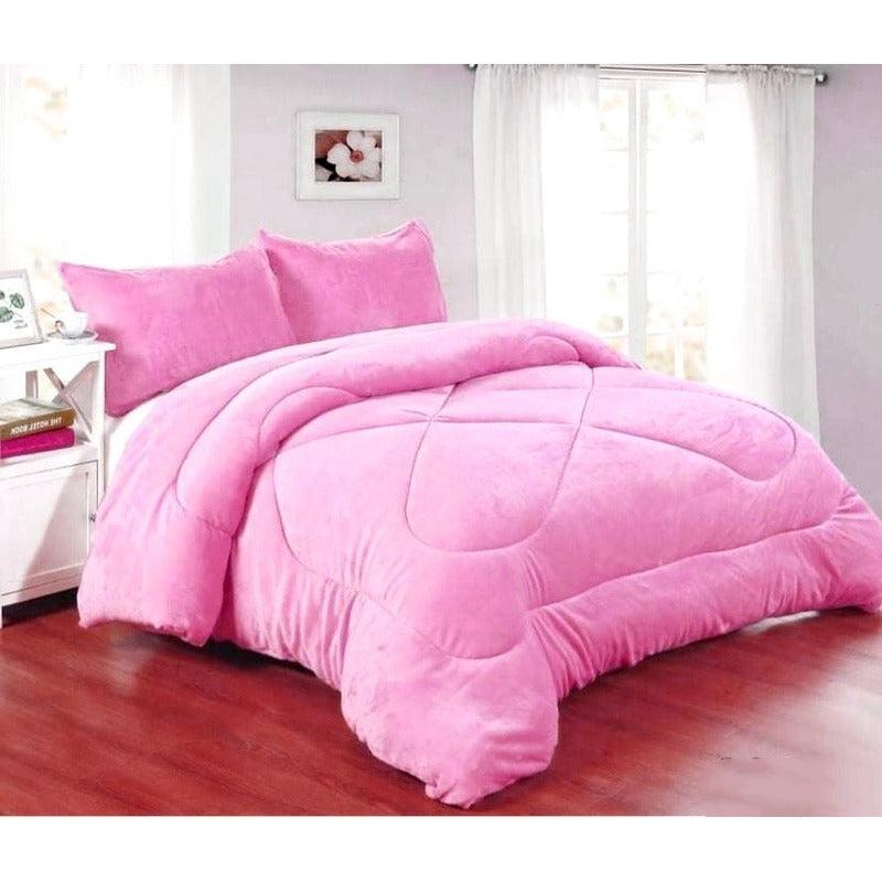 Cobertor Plush 2p Plumón Cubrecama Chiporro + Funda Invierno Rojo Mod1 Corazones Liso
