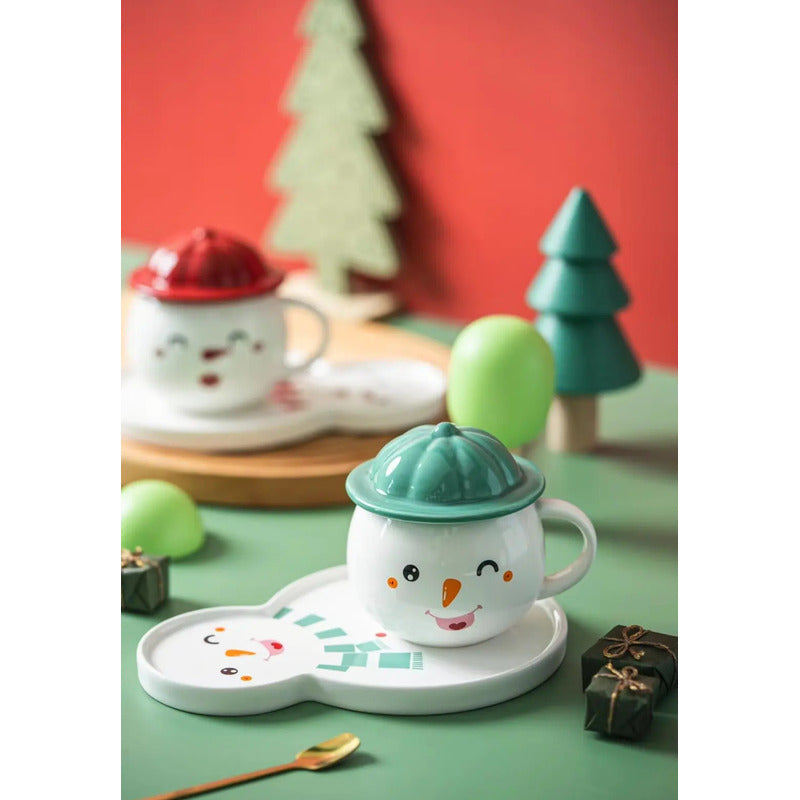 Set Taza Muñeco D Nieve + Plato Tapa Cuchara Navidad Snowman