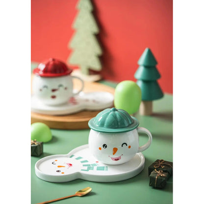 Set Taza Muñeco D Nieve + Plato Tapa Cuchara Navidad Snowman