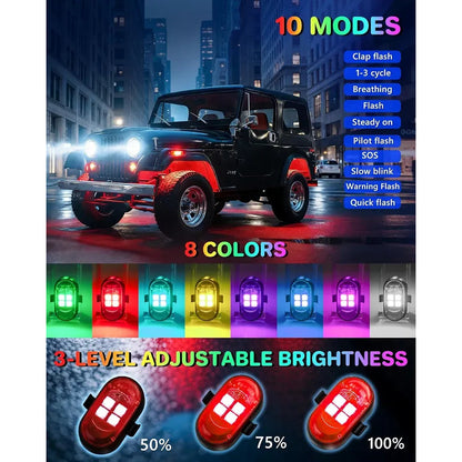 Kit 4 Luces Led Rgb Para Auto Recargables Con Control Tuning