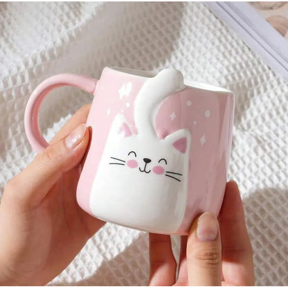 Tazón De Cerámica Gato Kawaii Con Cola 400ml Taza Cat Lovers Rosa Mk-223 C