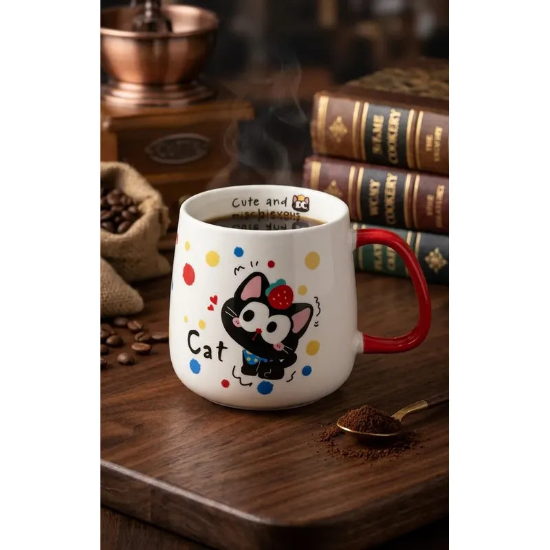 Tazón De Cerámica Gato Kawaii Con Rojo Taza Café Té Cat Cute Blanco Rojo Mk-120 C Frutilla