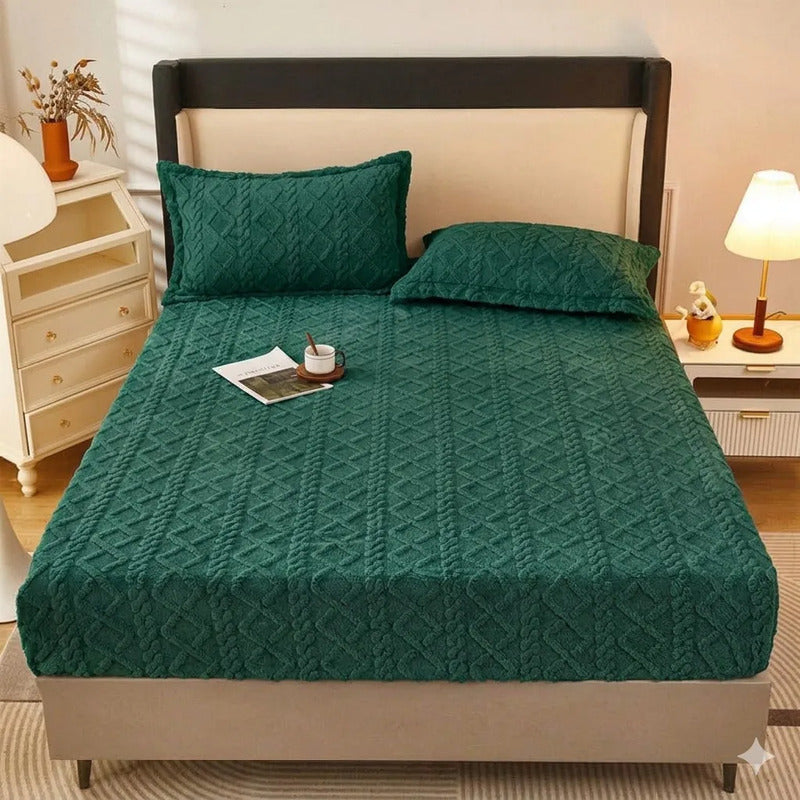 Set Sábana Cubre Colchón De Chiporro 2 Plazas Invierno Suave Verde Mod7 Trenzado