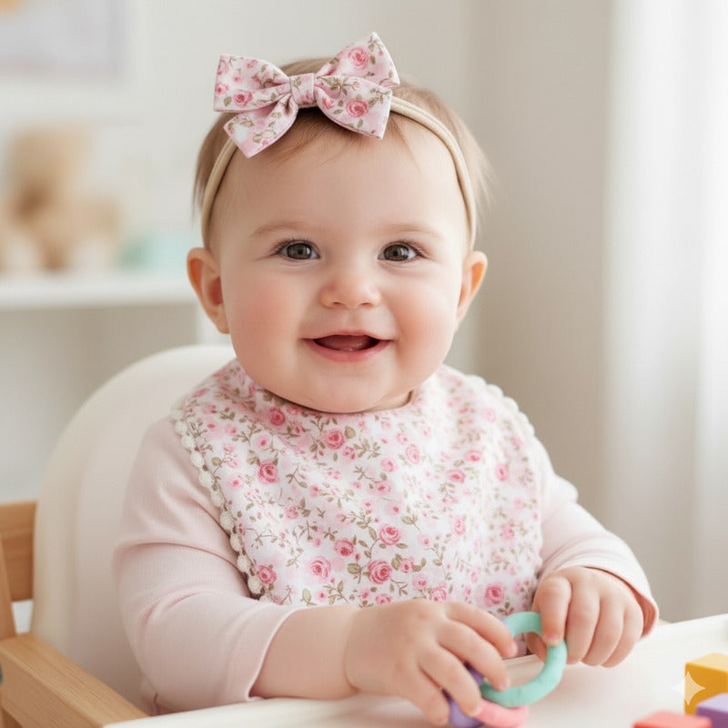 Set Babero + 2 Cintillo Diadema Color Nude Reversible Encaje