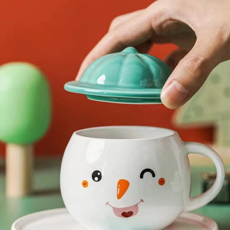 Set Taza Muñeco D Nieve + Plato Tapa Cuchara Navidad Snowman