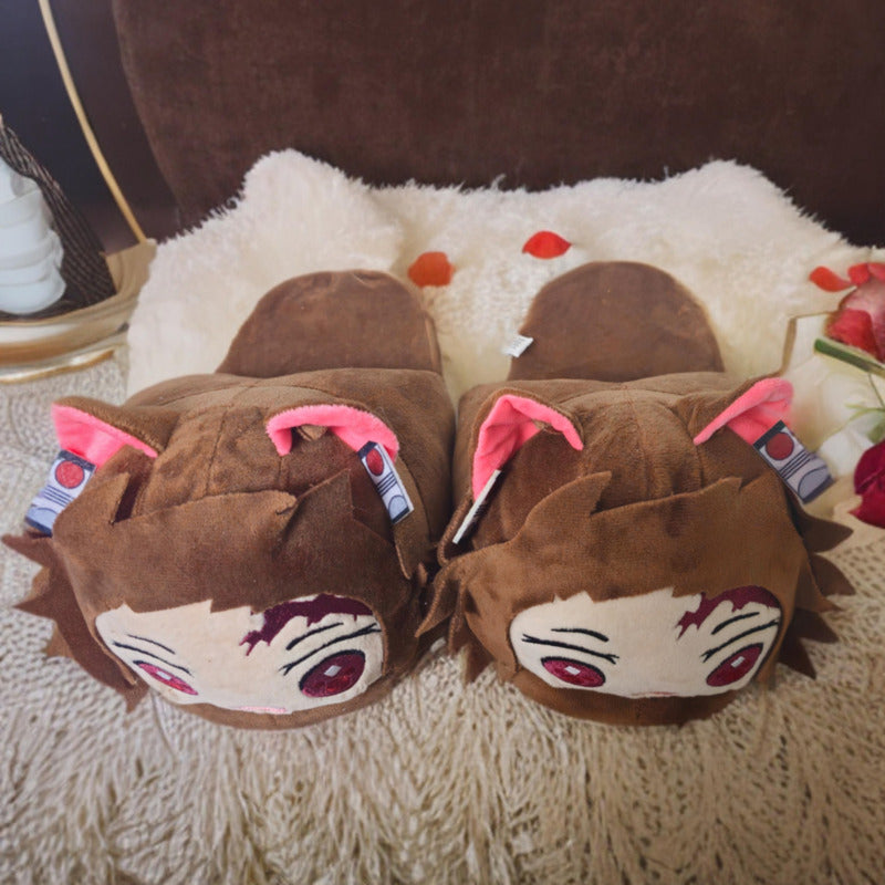Pantuflas Esponjosa Abierta Tanjiro Talla 36-41 Anime Kawaii Chocolate Único