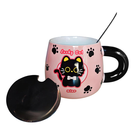 Tazón Kawaii Gato Y Conejo Mug Con Tapa Cuchara Taza Cartoon