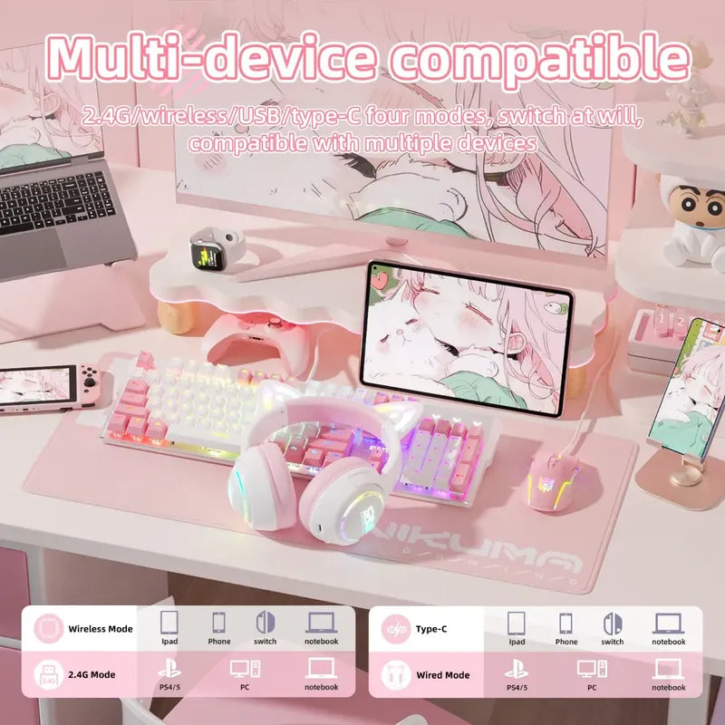 Audifono Gamer Onikuma Cat Gt838 3modos Bluetooth Usb C Gato Blanco Rosa Gt838