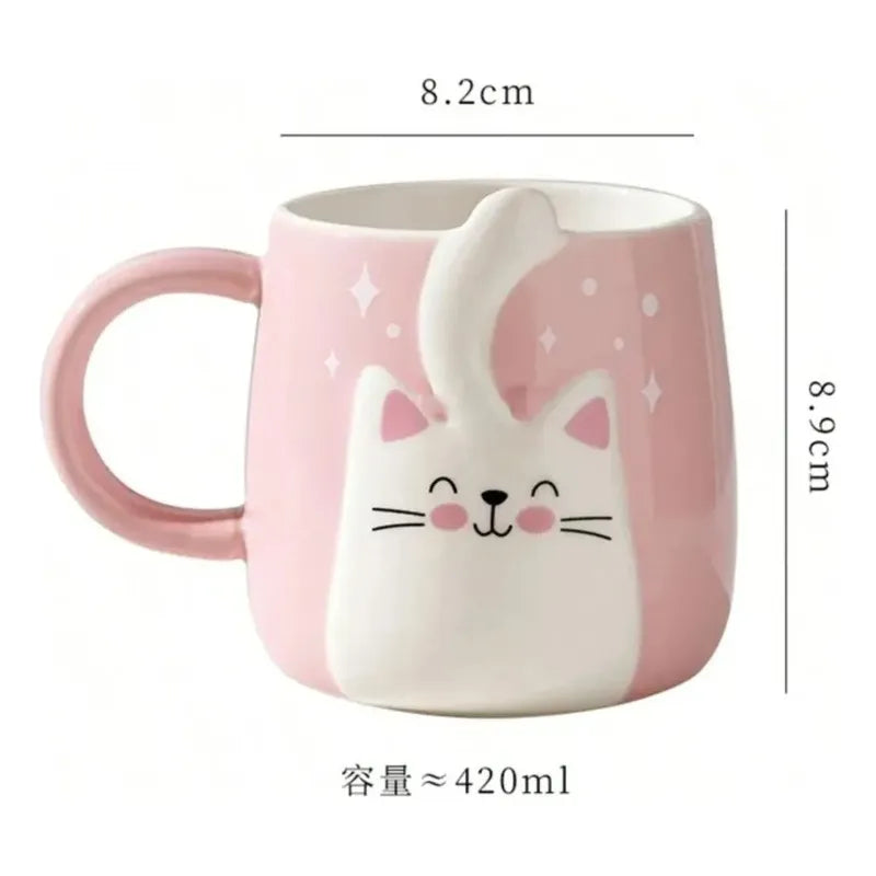 Tazón De Cerámica Gato Kawaii Con Cola 400ml Taza Cat Lovers Gris Cola Amarilla Mk-223 D
