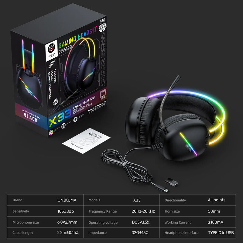 Audifono Gamer Onikuma X33 Conexión Usb Y Tipo C Luz Rgb X33 Negro