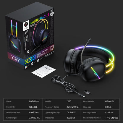 Audifono Gamer Onikuma X33 Conexión Usb Y Tipo C Luz Rgb X33 Negro
