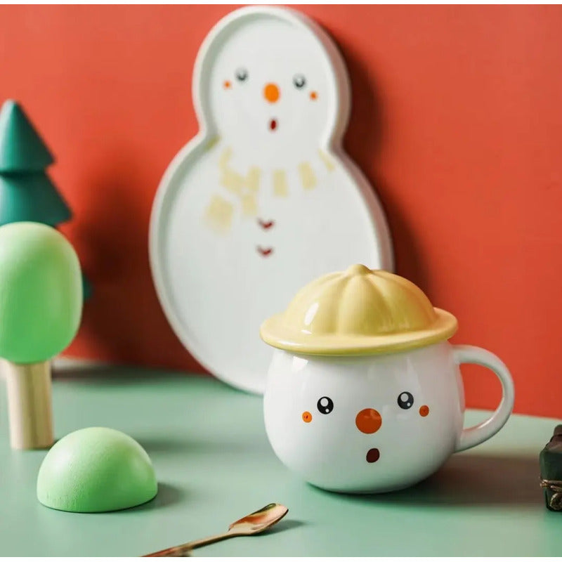 Set Taza Muñeco D Nieve + Plato Tapa Cuchara Navidad Snowman