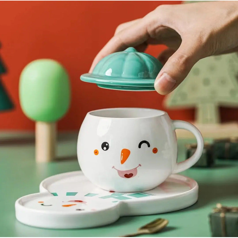 Set Taza Muñeco D Nieve + Plato Tapa Cuchara Navidad Snowman