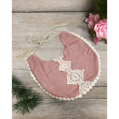 Set Babero + 2 Cintillo Diadema Color Nude Reversible Encaje