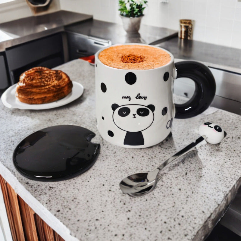 Tazón Oso Panda Taza Kawaii Con Tapa Y Cuchara 400ml / Ryc