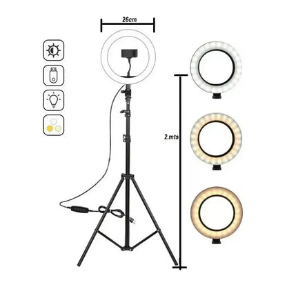 Aro De Luz Led Redondo De 26 Cm Con Trípode Y Colores De Luz Fría Y Cálida Negro Blanco Frio / Blanco Calido