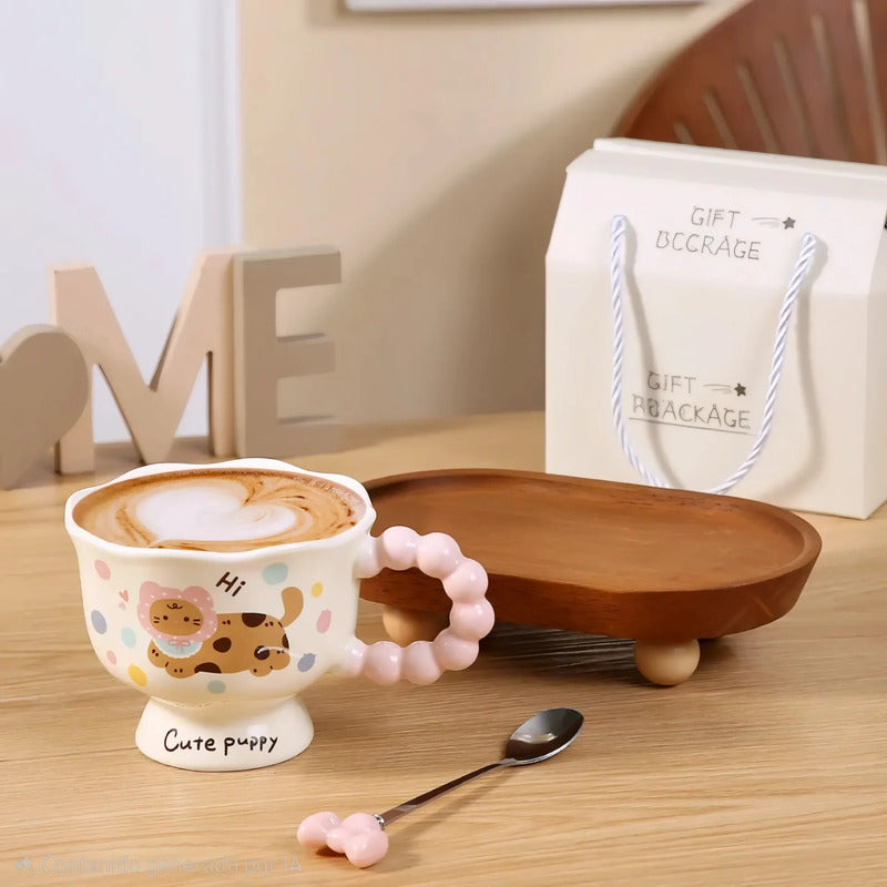 Tazón Cerámica Kawaii Mango Perlas Gato Cuchara Caja Regalo Crema Mk-01 Mod2 Cute Puppy