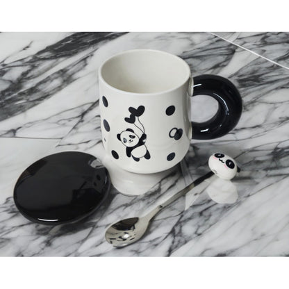 Tazón Oso Panda Taza Kawaii Con Tapa Y Cuchara 400ml / Ryc