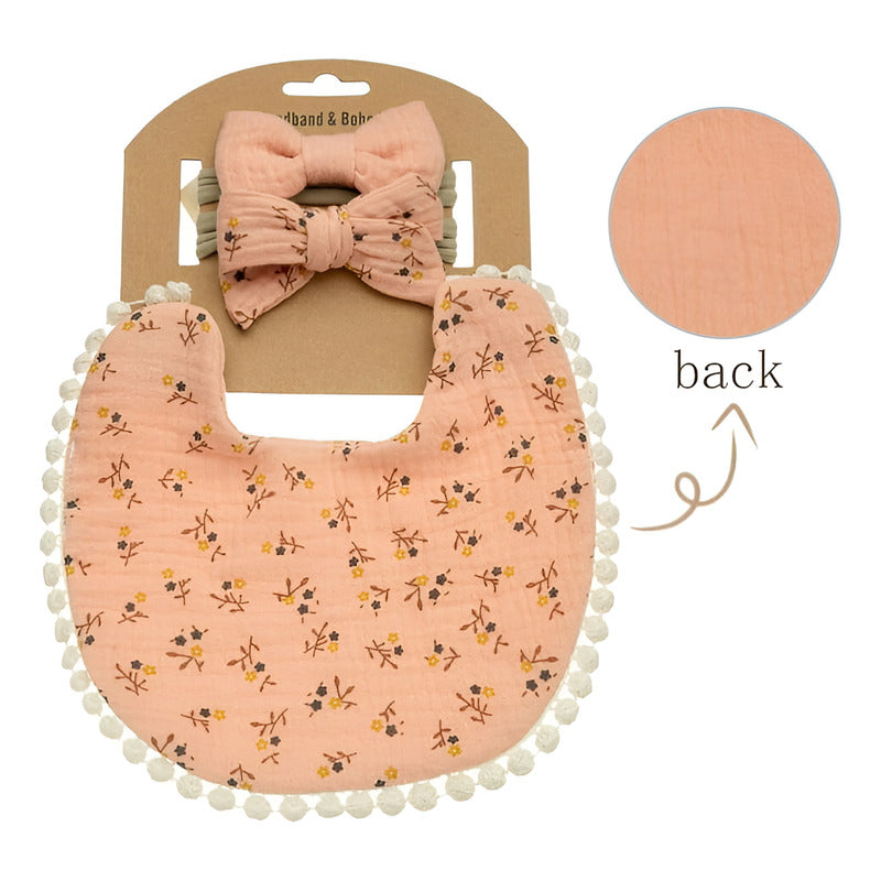 Set Babero + 2 Cintillo Diadema Color Nude Reversible Encaje