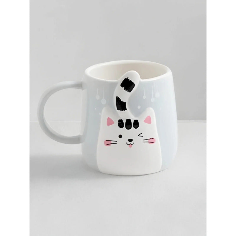 Tazón De Cerámica Gato Kawaii Con Cola 400ml Taza Cat Lovers Gris Mk-223 A