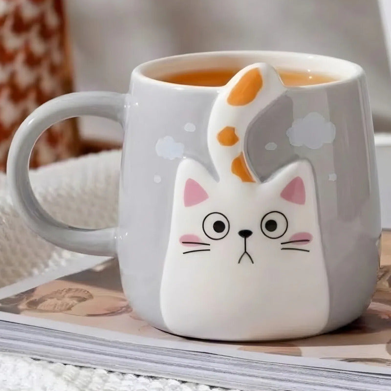 Tazón De Cerámica Gato Kawaii Con Cola 400ml Taza Cat Lovers Gris Cola Amarilla Mk-223 D