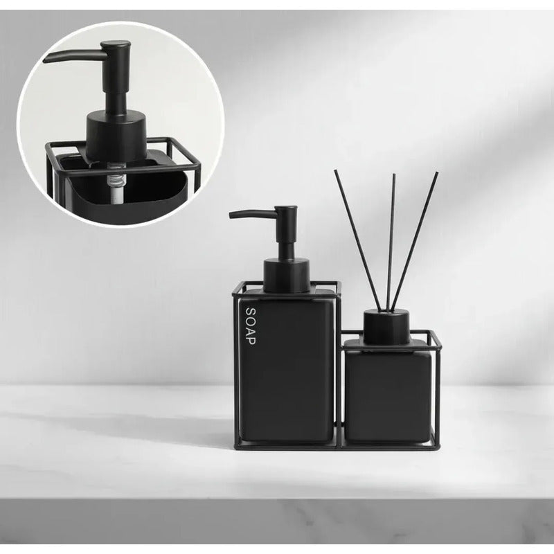 Set De Baño Dispensador Jabon + Difusor Aroma Soport Moderno Negro 73196