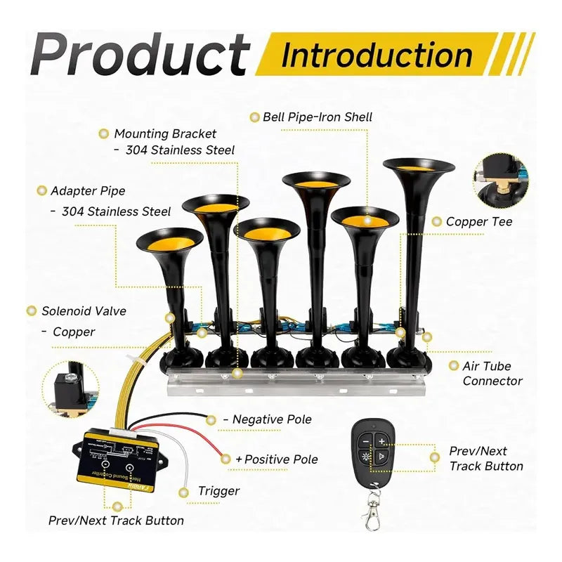 Bocina De Aire Electrica 6 Trompetas 12v-24v 36tonos Control