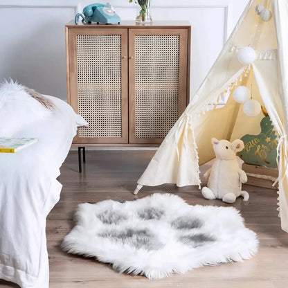 Alfombra Peluda Huella De Gato Kawaii Suave Piel Sintética 85 Cm 80 Cm Blanco Gris