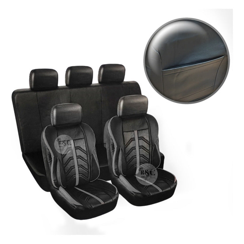 Juego Funda Cubreasiento 100% Eco Cuero Acolchado Y Bolsillo