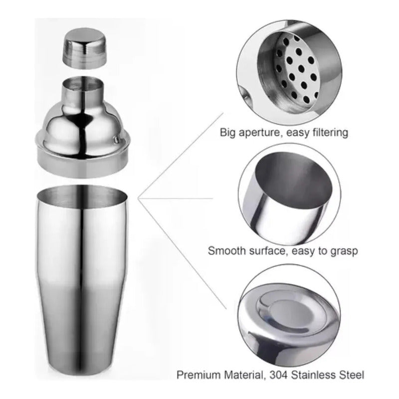 Set Coctelera Con Filtro 550ml + Jigger Medidor 20/40ml Plateado