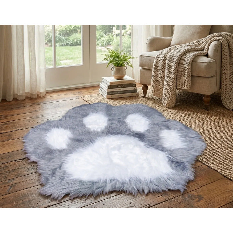 Alfombra Peluda Huella De Gato Kawaii Suave Piel Sintética 86 Cm 80 Cm Gris