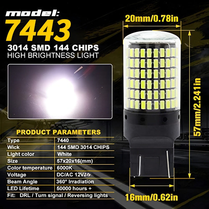 X2 Ampolleta Led T20 7443 144led Luz Blanca 360° Auto /r&c