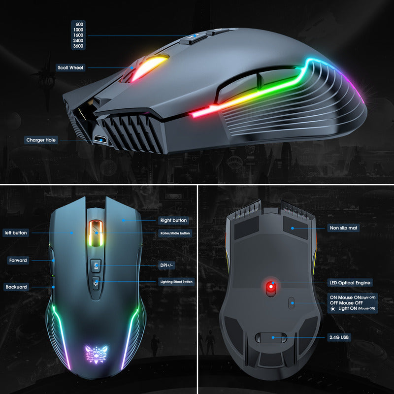 Mouse Gamer Inalambrico Onikuma 7 Botones 3600dpi Rgb Cw905