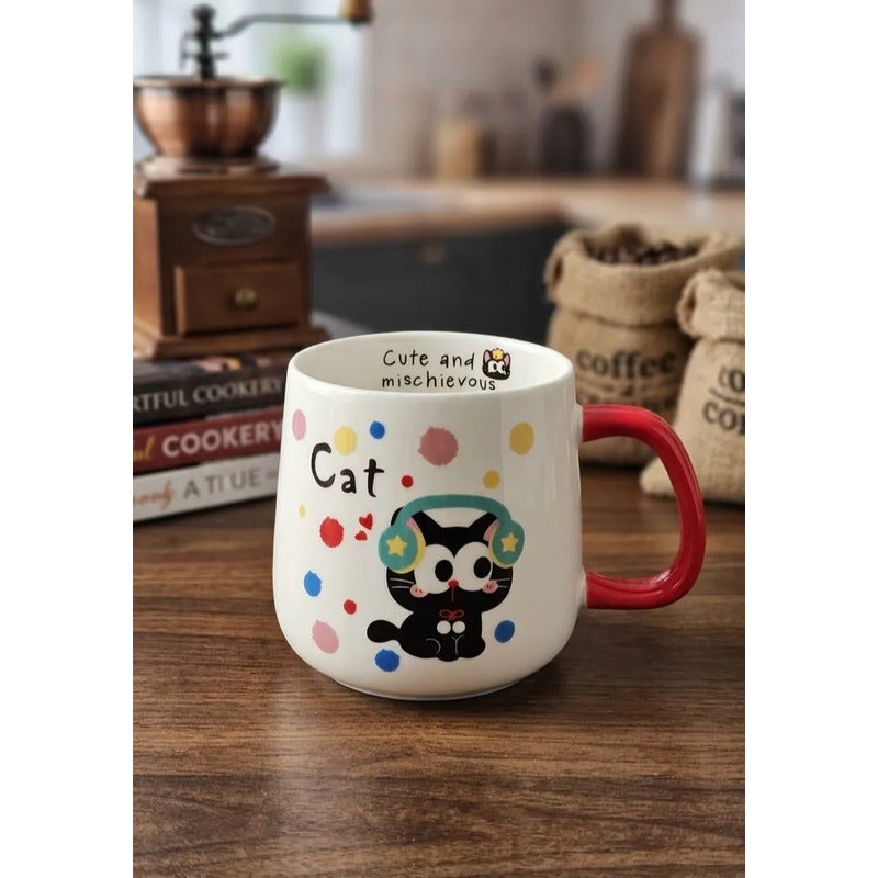 Tazón De Cerámica Gato Kawaii Con Rojo Taza Café Té Cat Cute Blanco Rojo Mk-120 B Audifono