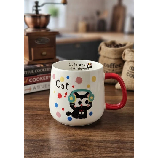 Tazón De Cerámica Gato Kawaii Con Rojo Taza Café Té Cat Cute Blanco Rojo Mk-120 B Audifono