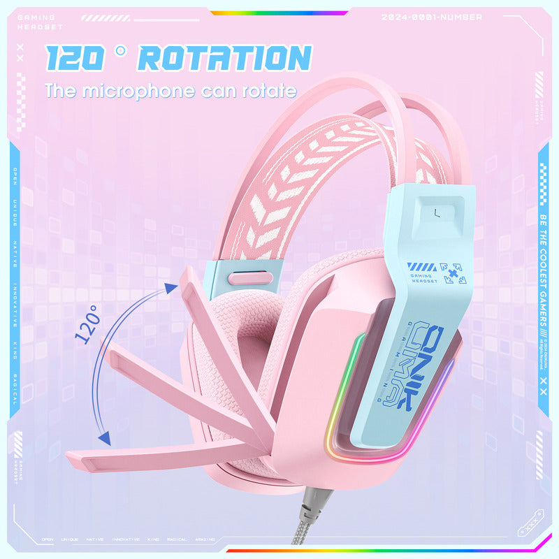 Auriculares Para Juegos Onikumax13 Con Micrófono Y Rgb Color Rosa