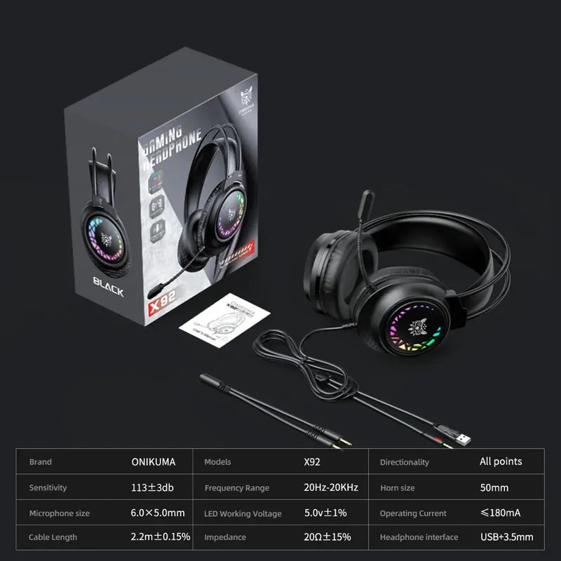 Audifono Gamer Onikuma X92 Conector 3,5mm Con Luz Sonido 3d Negro X92